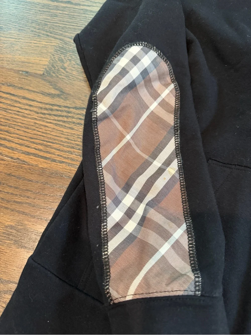 Burberry Black Zip-Up Hoodie with Beige Check Lining and Elbow Patches - Picture 2 of 7